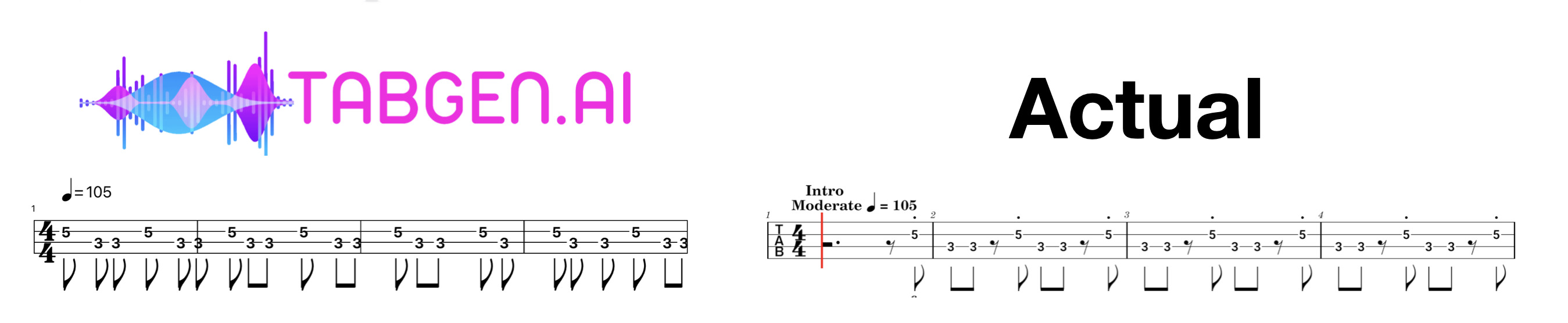 A bass tab generated by TabGen.ai shown next to an official transcription of the same passage — close and readable, with beat-grouped beams and clean notation.